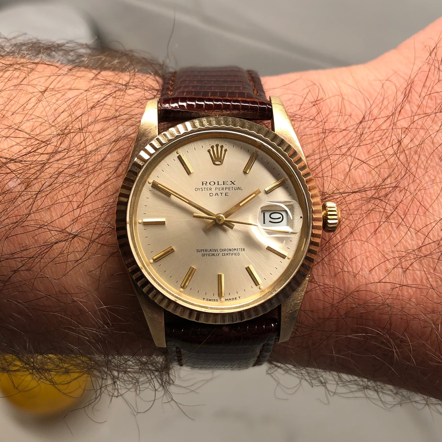 1988 Rolex Date 15037 Oyster Perpetual Silver Dial 14K Yellow Gold Wristwatch - HASHTAGWATCHCO