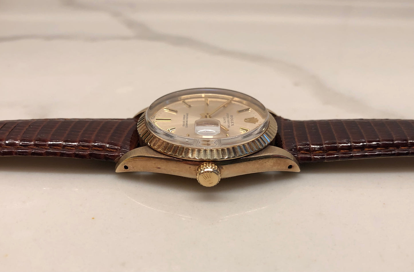 1988 Rolex Date 15037 Oyster Perpetual Silver Dial 14K Yellow Gold Wristwatch - HASHTAGWATCHCO