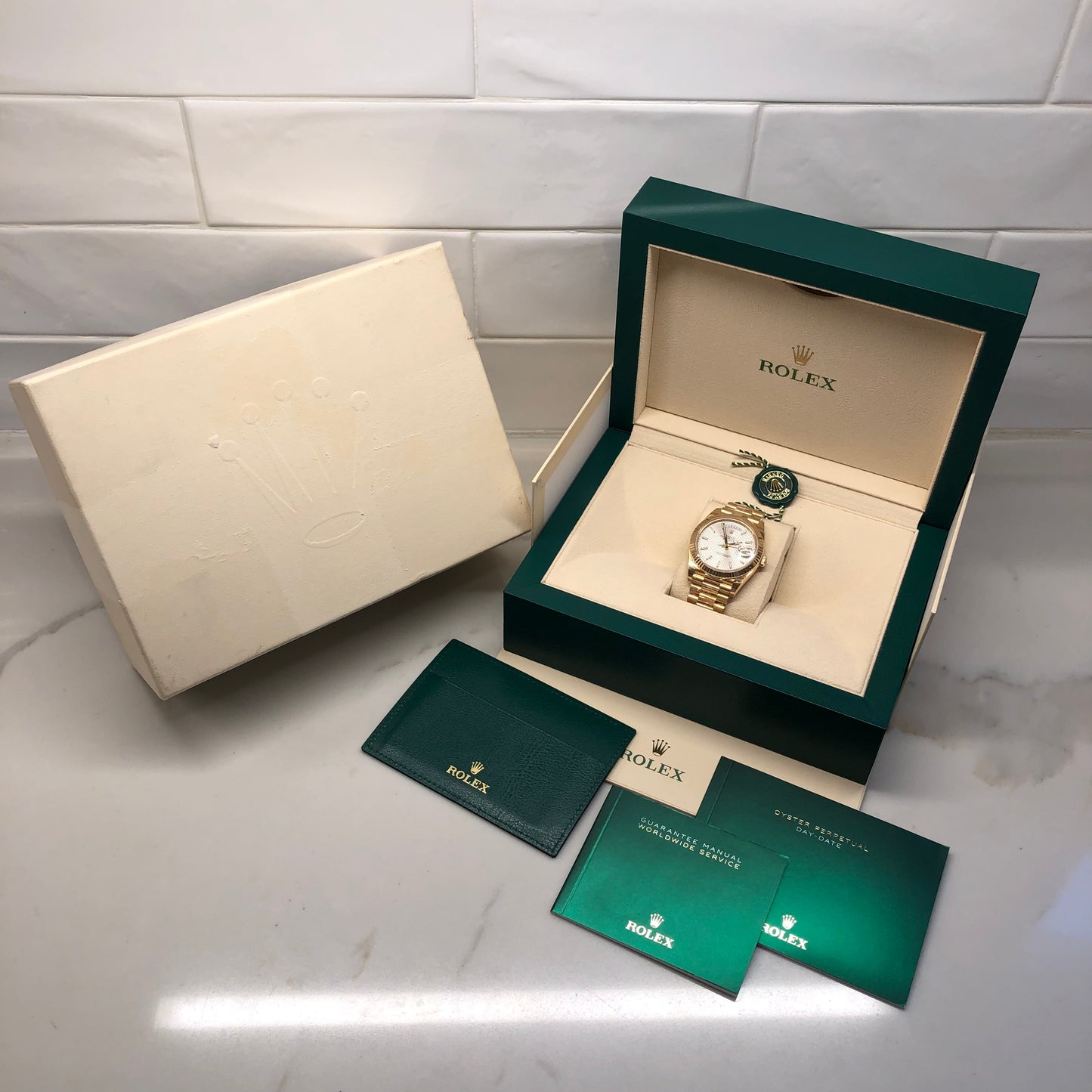 2022 Rolex President Day Date 228238 18K Yellow Gold Silver Motif Wristwatch with Box and Papers - HASHTAGWATCHCO