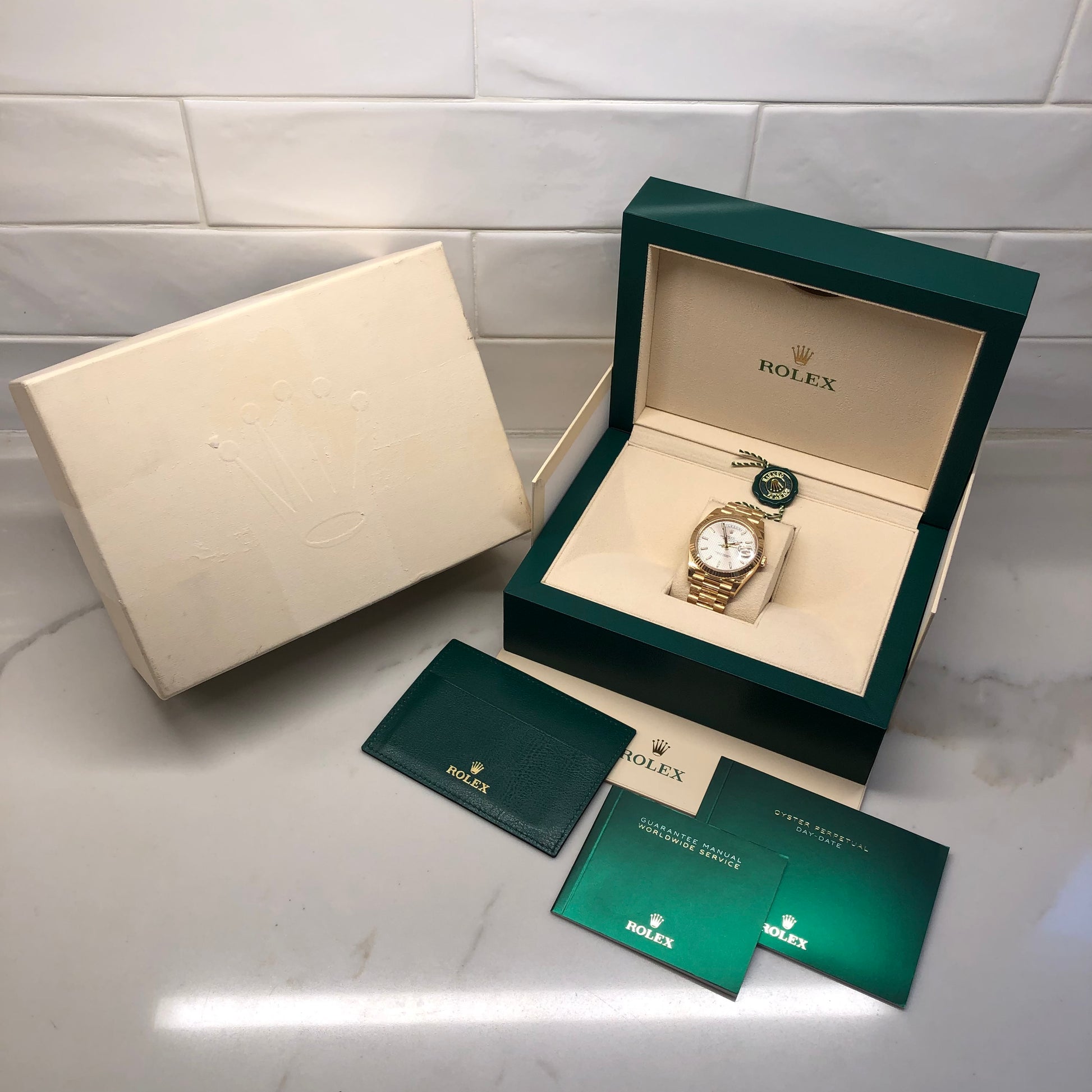 2022 Rolex President Day Date 228238 18K Yellow Gold Silver Motif Wristwatch with Box and Papers - HASHTAGWATCHCO