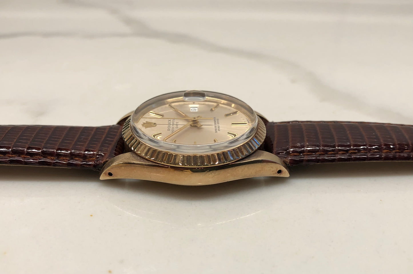 1988 Rolex Date 15037 Oyster Perpetual Silver Dial 14K Yellow Gold Wristwatch - HASHTAGWATCHCO
