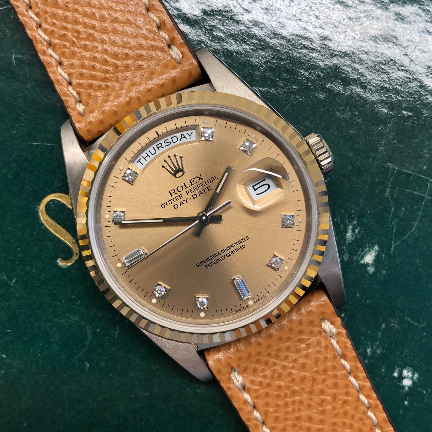1988 Rolex President Tridor Day Date 18239B Salmon Diamond Dial Automatic Wristwatch - HASHTAGWATCHCO