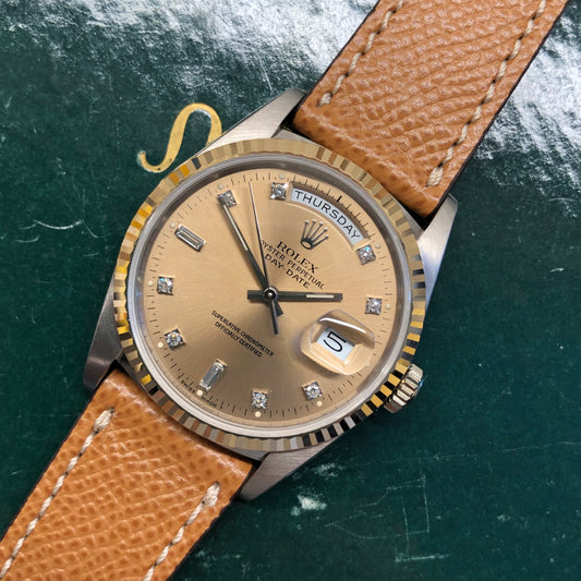 1988 Rolex President Tridor Day Date 18239B Salmon Diamond Dial Automatic Wristwatch - HASHTAGWATCHCO