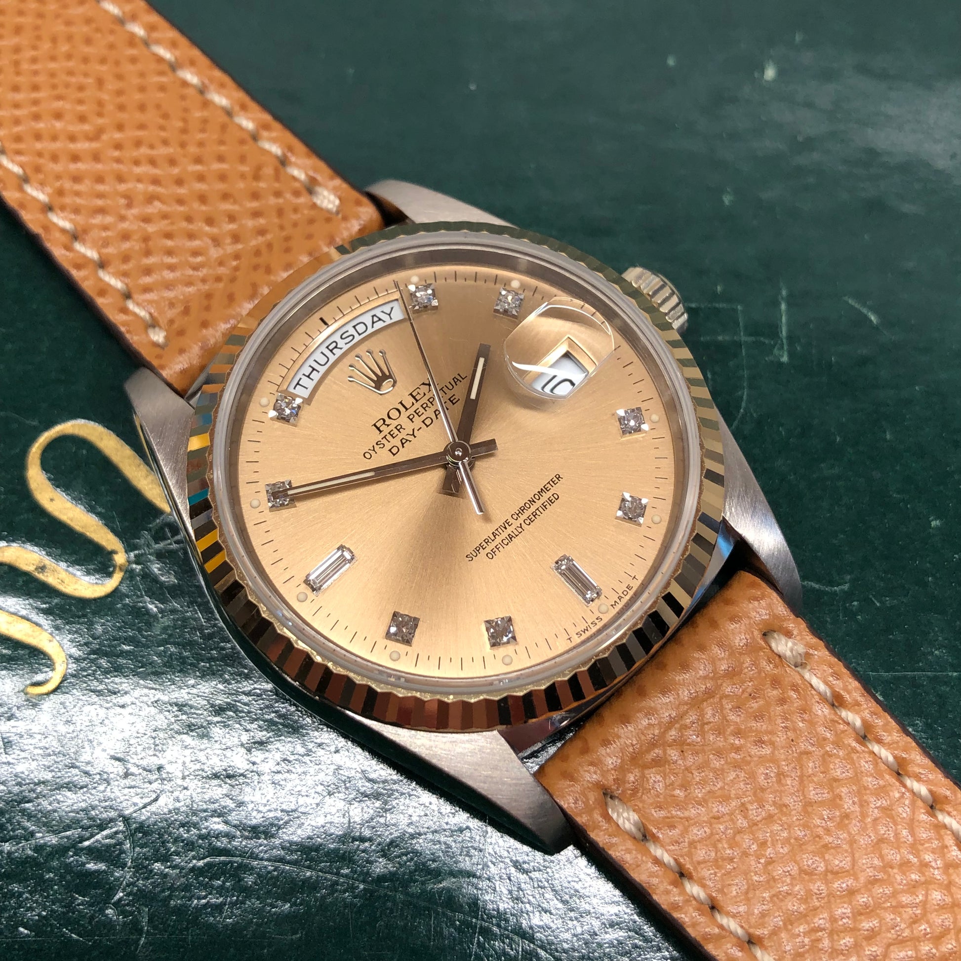 1988 Rolex President Tridor Day Date 18239B Salmon Diamond Dial Automatic Wristwatch - HASHTAGWATCHCO
