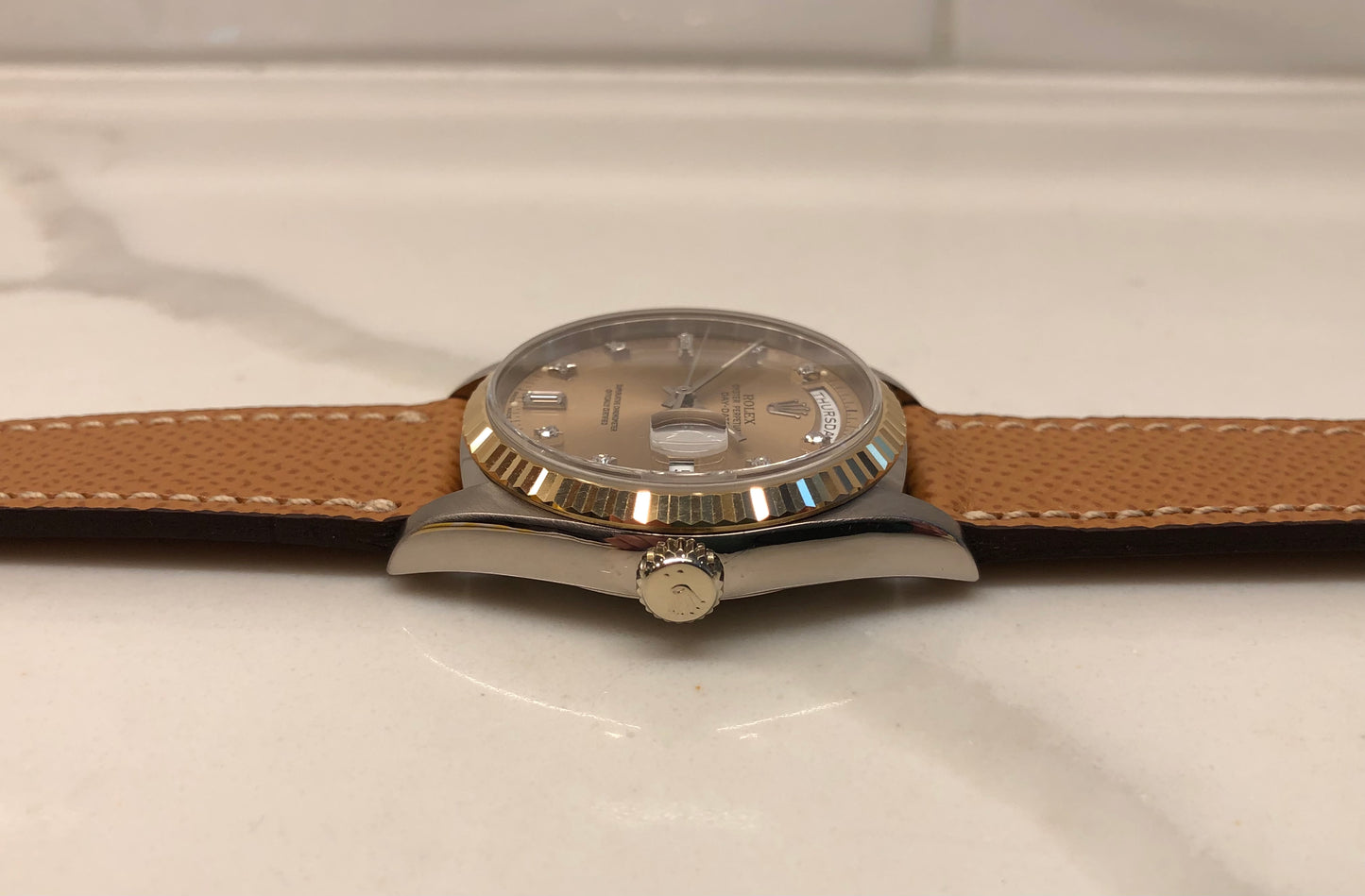 1988 Rolex President Tridor Day Date 18239B Salmon Diamond Dial Automatic Wristwatch - HASHTAGWATCHCO
