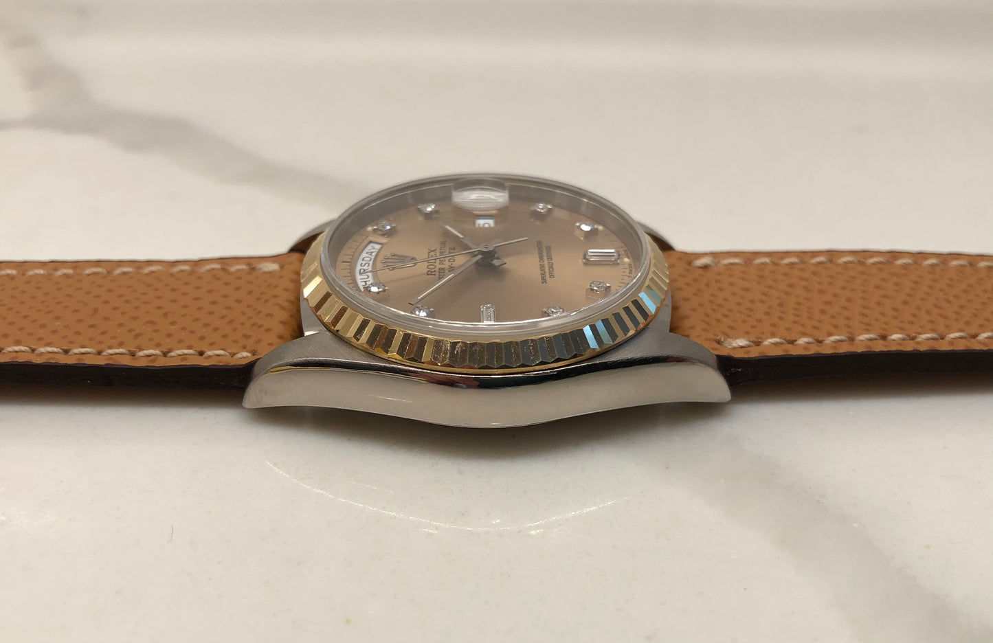 1988 Rolex President Tridor Day Date 18239B Salmon Diamond Dial Automatic Wristwatch - HASHTAGWATCHCO