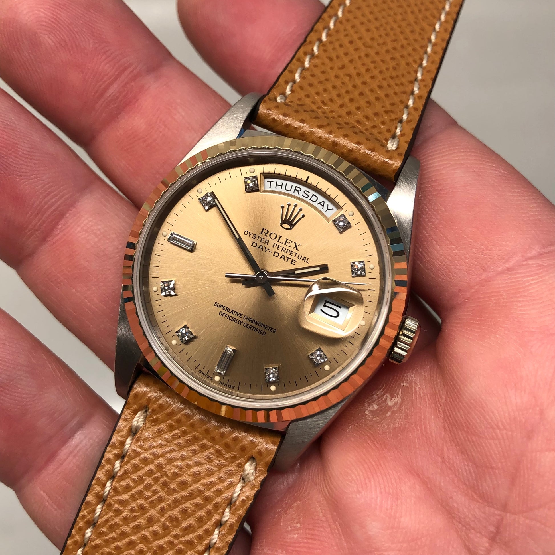 1988 Rolex President Tridor Day Date 18239B Salmon Diamond Dial Automatic Wristwatch - HASHTAGWATCHCO
