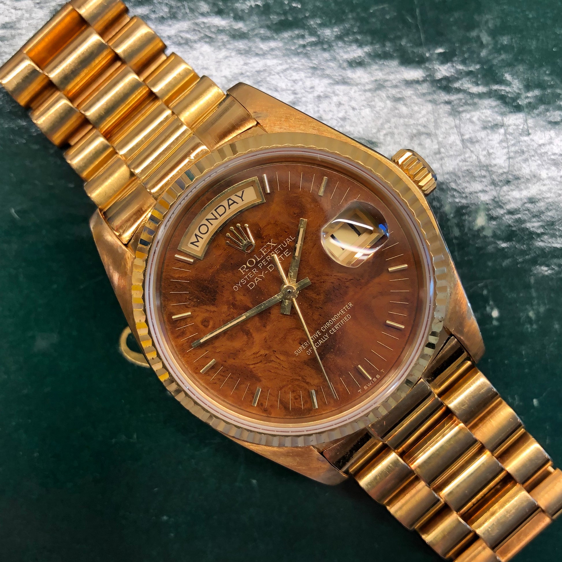 1980 Rolex President Day Date 18038 Birch Burlwood Dial Wristwatch with Papers - HASHTAGWATCHCO
