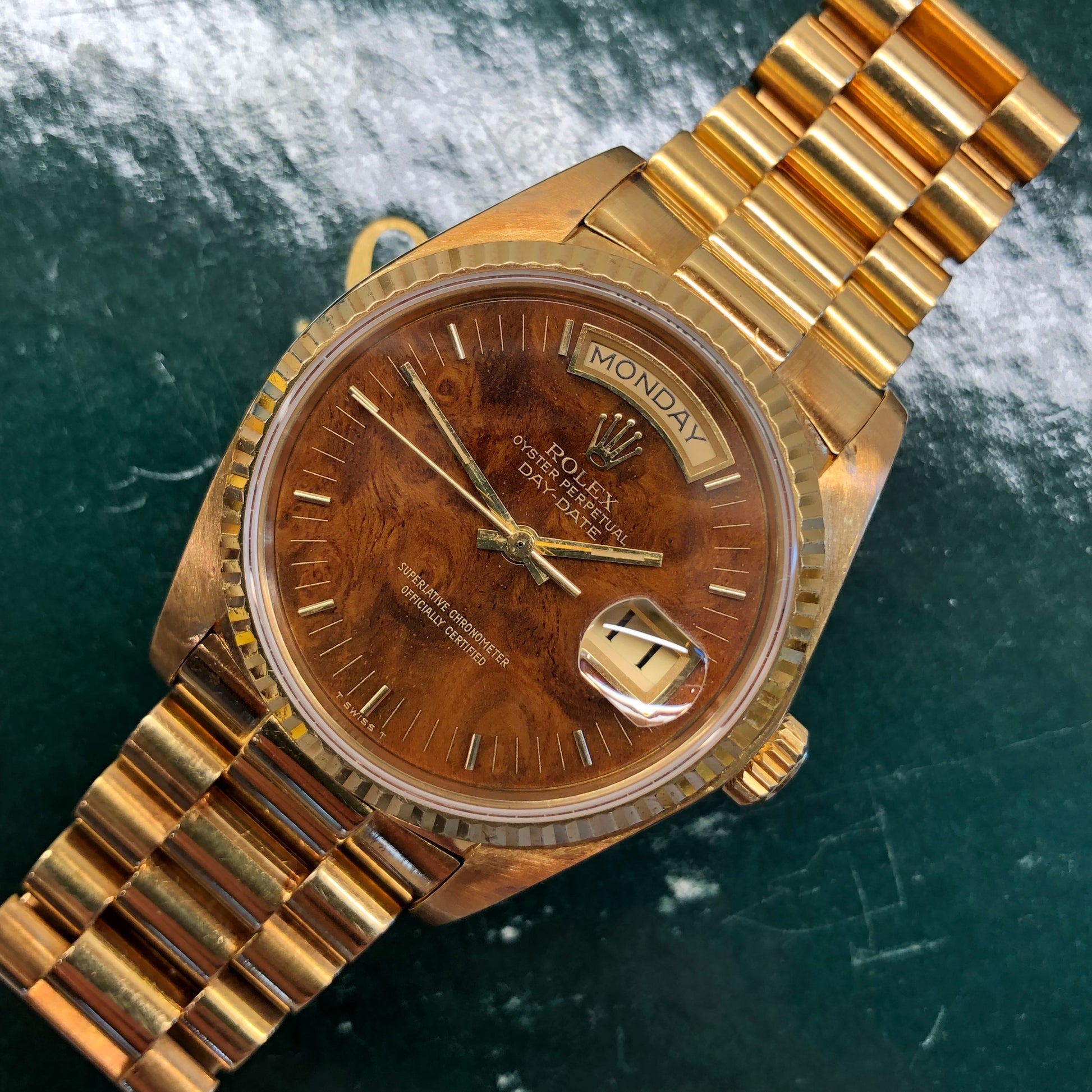 1980 Rolex President Day Date 18038 Birch Burlwood Dial Wristwatch with Papers - HASHTAGWATCHCO