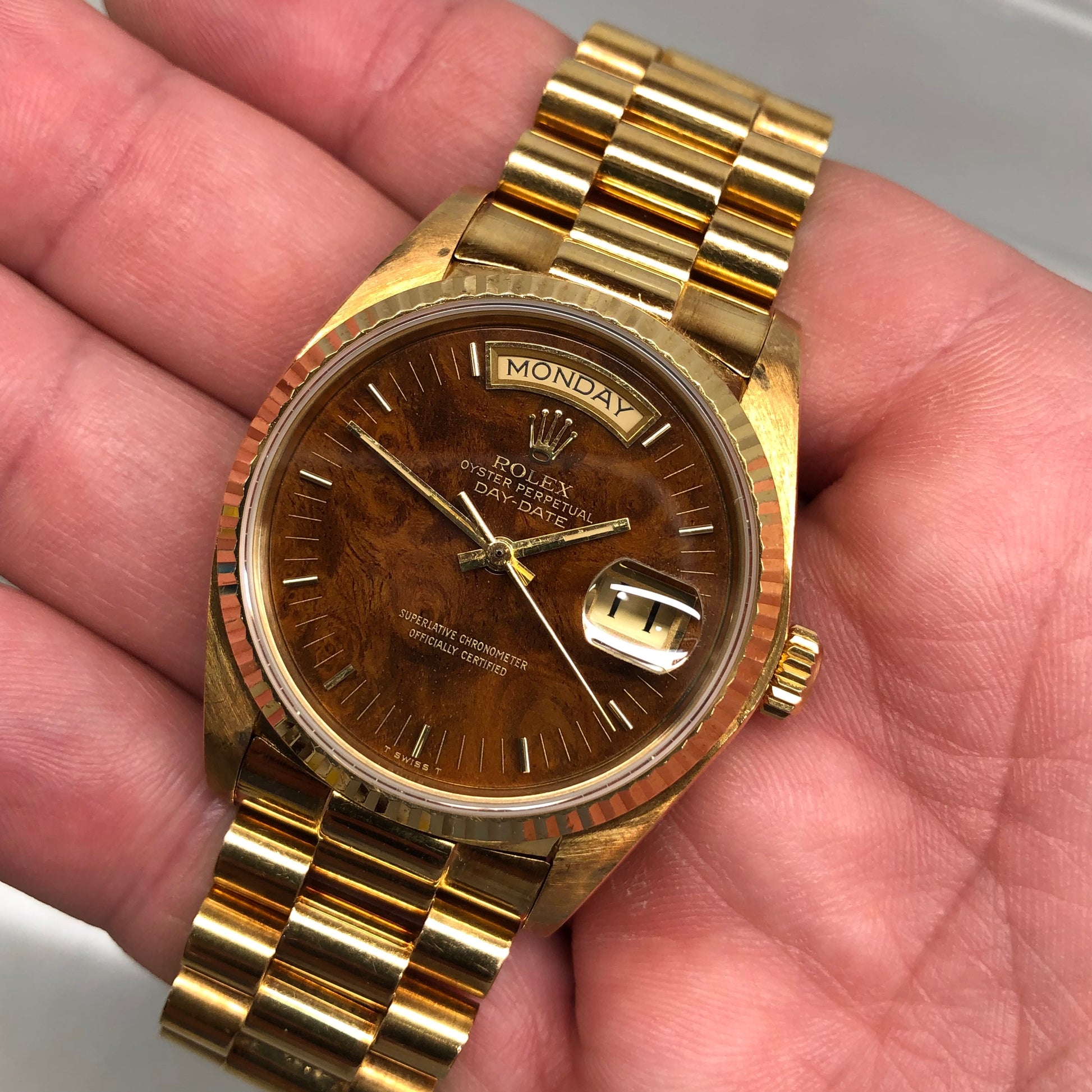 1980 Rolex President Day Date 18038 Birch Burlwood Dial Wristwatch with Papers - HASHTAGWATCHCO