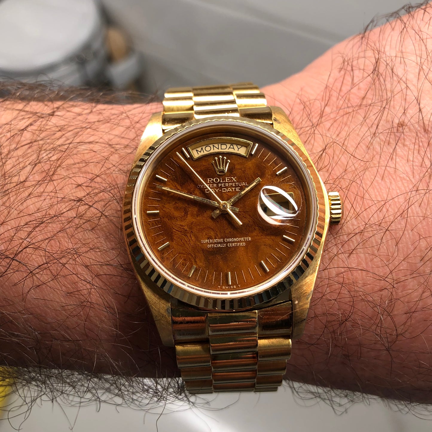 1980 Rolex President Day Date 18038 Birch Burlwood Dial Wristwatch with Papers - HASHTAGWATCHCO