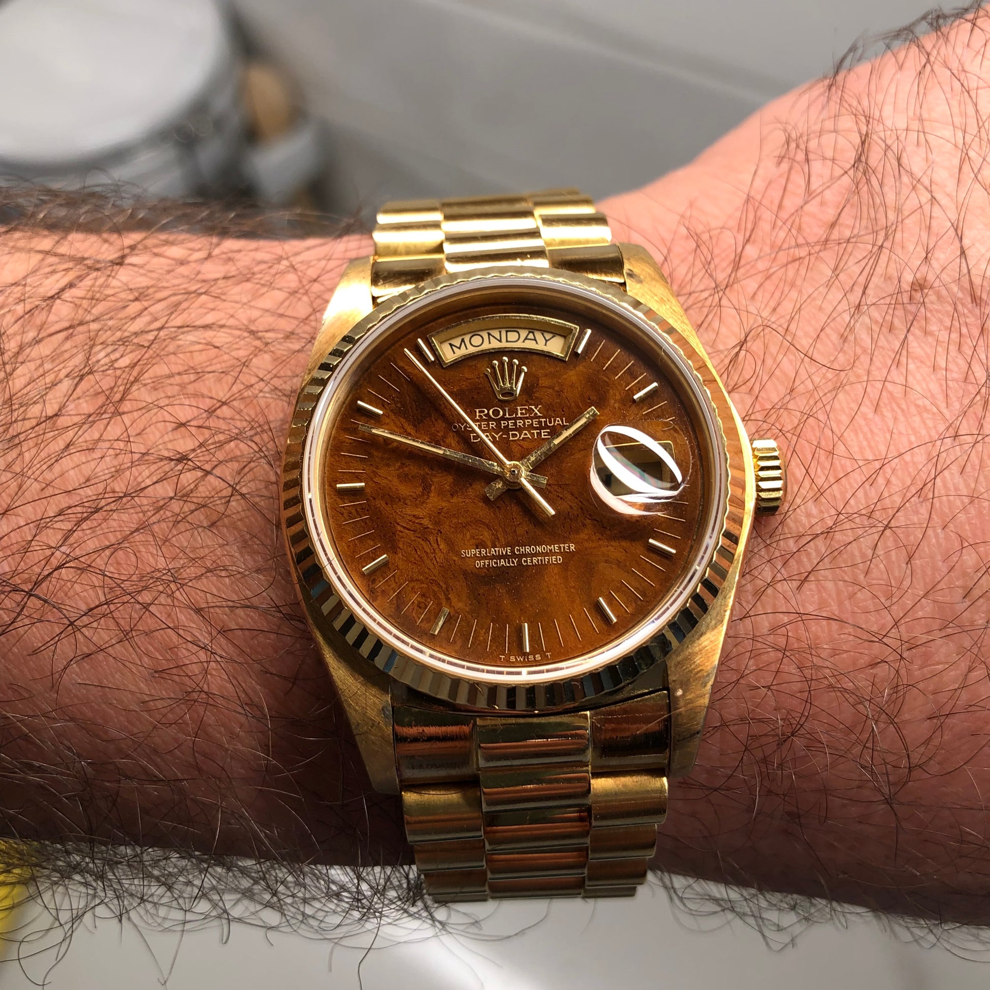 1980 Rolex President Day Date 18038 Birch Burlwood Dial Wristwatch with Papers - HASHTAGWATCHCO