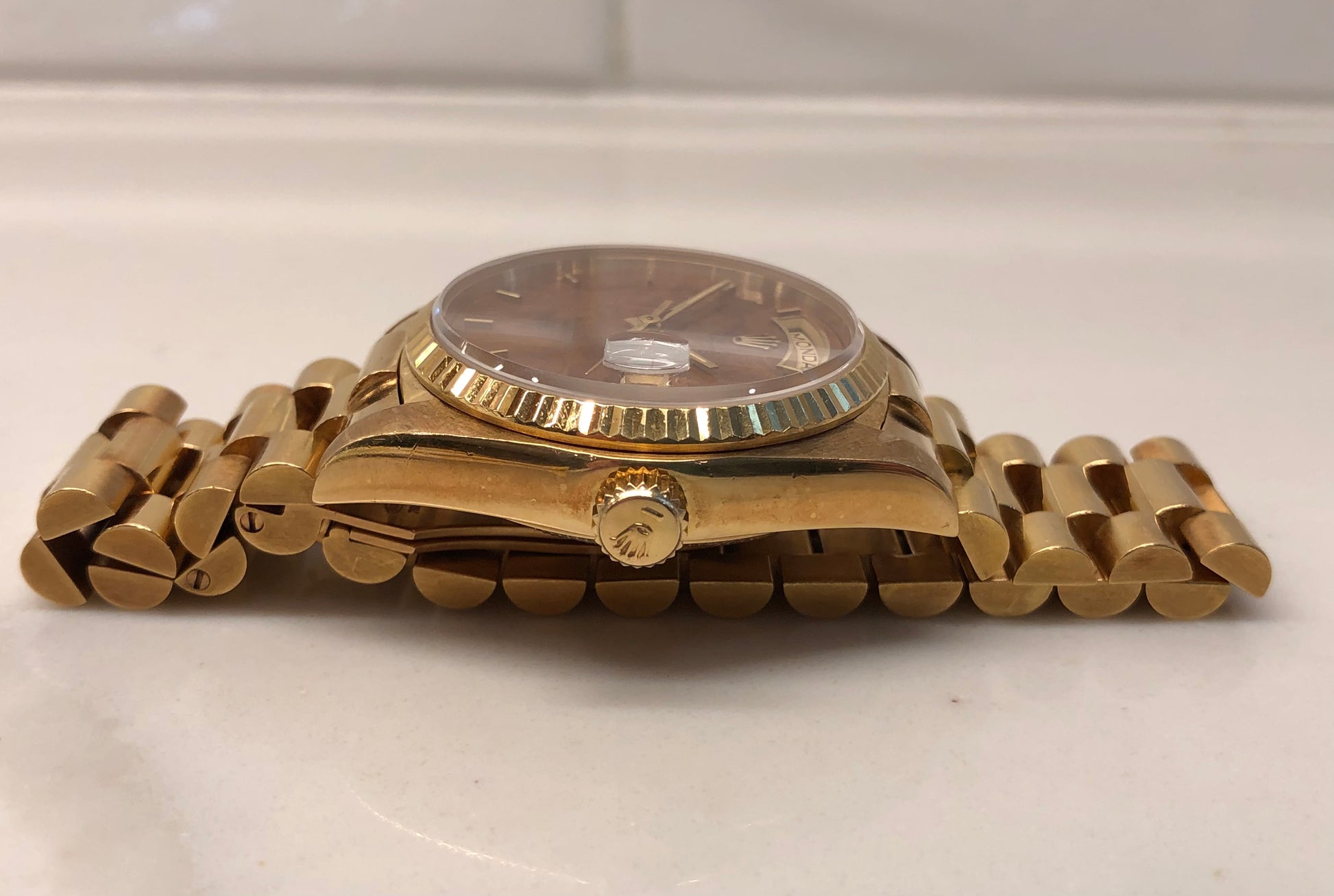 1980 Rolex President Day Date 18038 Birch Burlwood Dial Wristwatch with Papers - HASHTAGWATCHCO