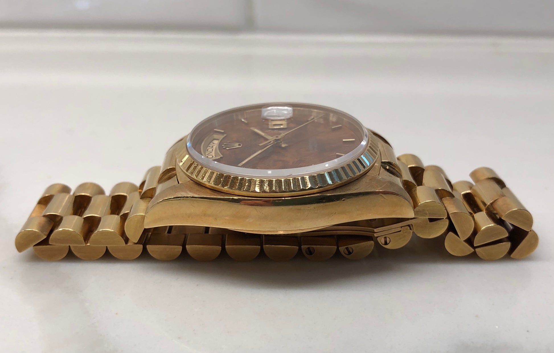 1980 Rolex President Day Date 18038 Birch Burlwood Dial Wristwatch with Papers - HASHTAGWATCHCO
