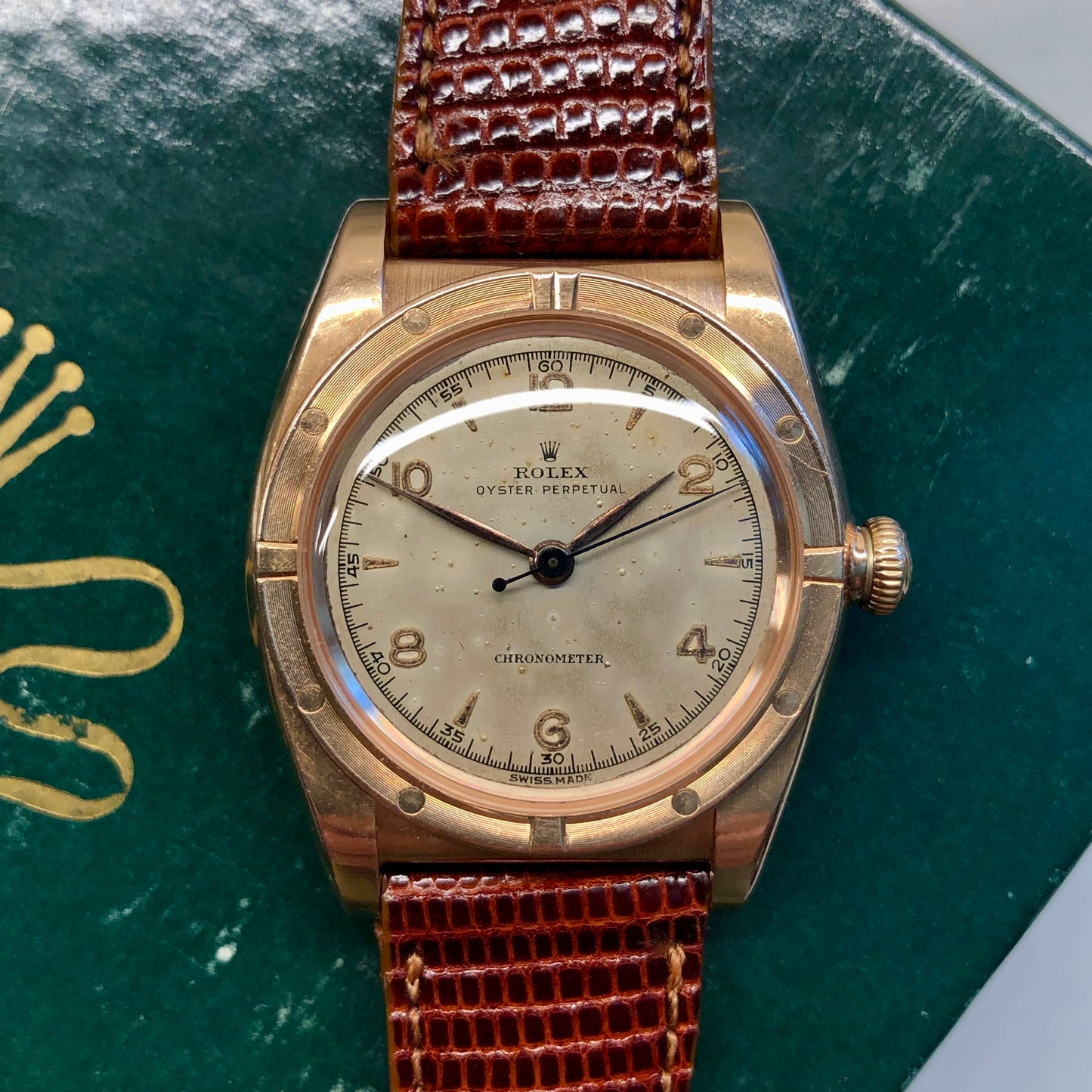 1946 Rolex Oyster Perpetual Bubbleback 3372 Chronometer 14K Rose Gold Automatic Wristwatch - Hashtag Watch Company