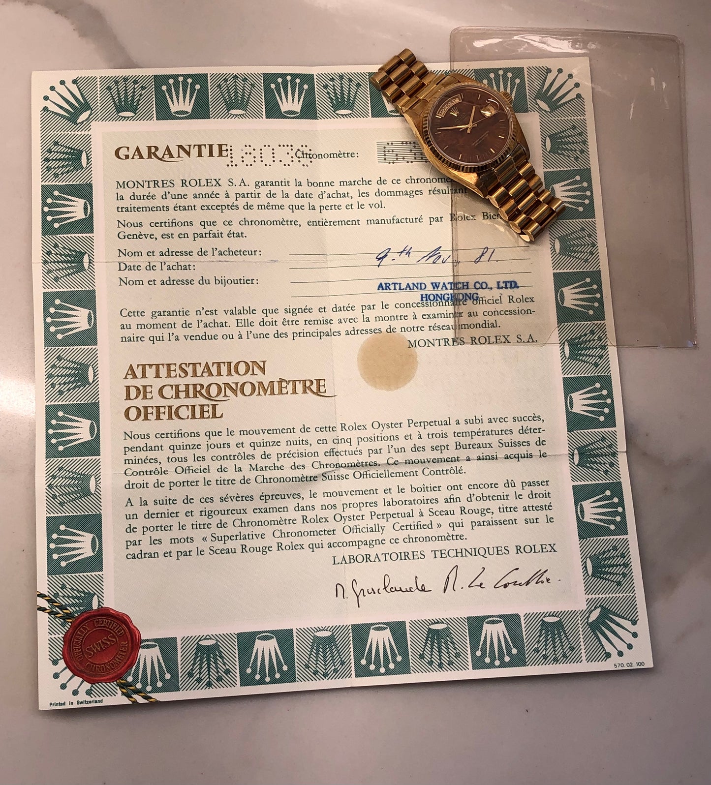 1980 Rolex President Day Date 18038 Birch Burlwood Dial Wristwatch with Papers - HASHTAGWATCHCO