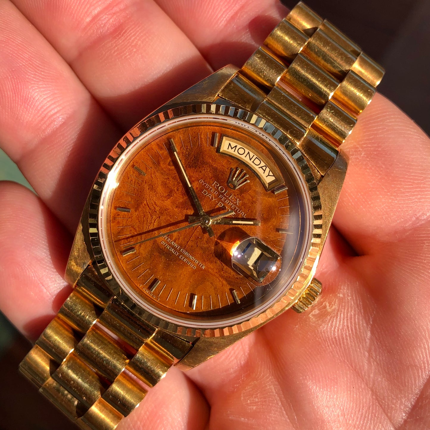 1980 Rolex President Day Date 18038 Birch Burlwood Dial Wristwatch with Papers - HASHTAGWATCHCO