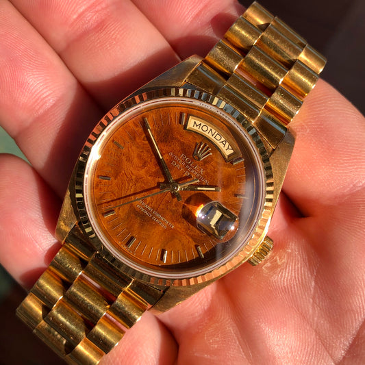 1980 Rolex President Day Date 18038 Birch Burlwood Dial Wristwatch with Papers - HASHTAGWATCHCO