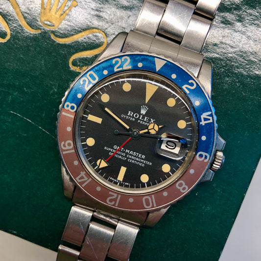 1971 Rolex GMT MASTER 1675 Mk 2 Pepsi Matte Dial Stainless Steel Automatic Wristwatch - Hashtag Watch Company