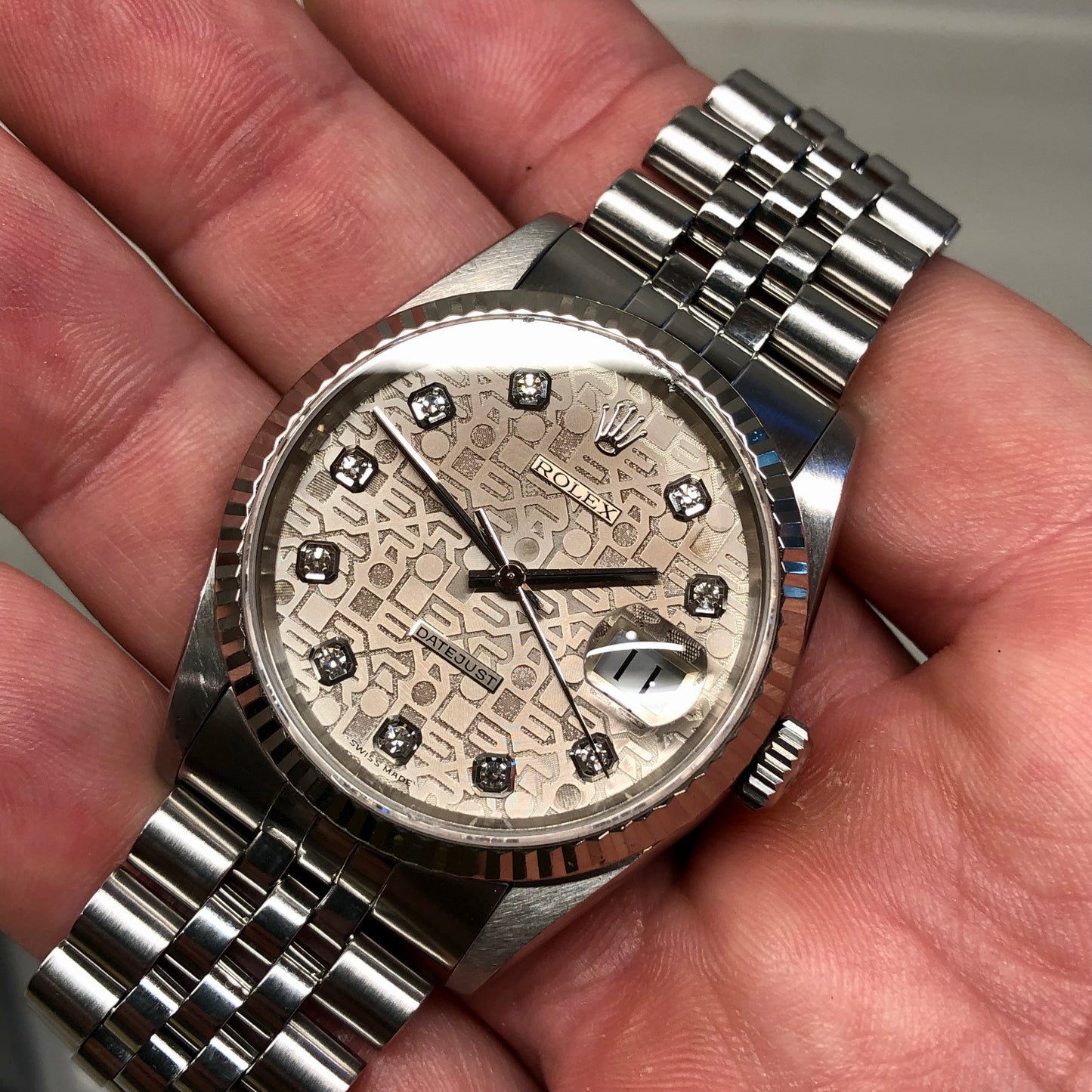 1996 Rolex Datejust 16234 Jubilee Diamond Dial White Gold Bezel Automatic Wristwatch