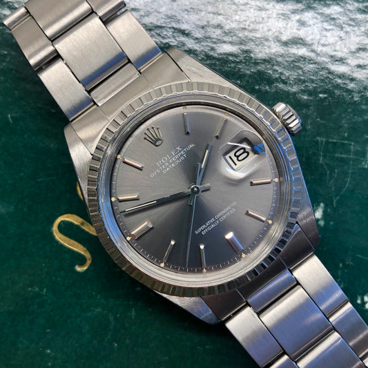 1970 Rolex Datejust 1603 Grey Dial Engine Turned Oyster Automatic Wristwatch