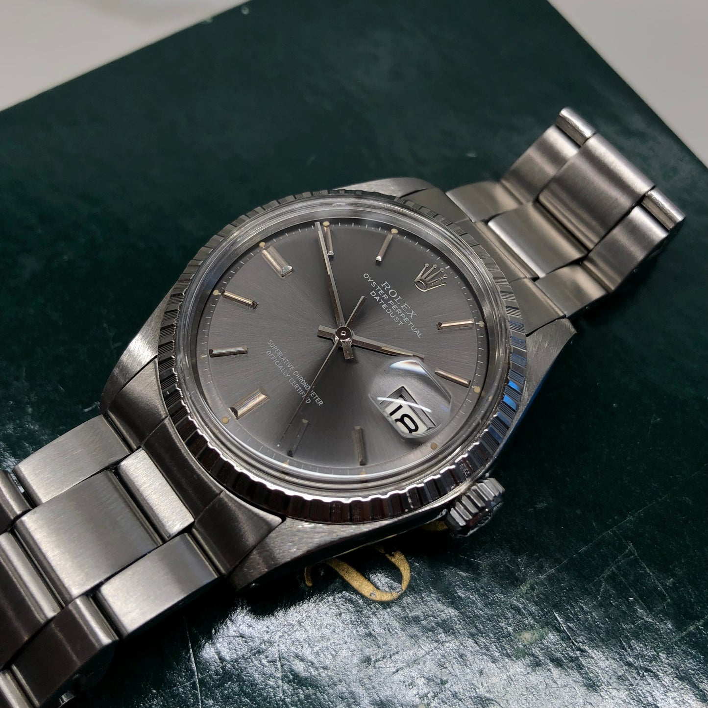 1970 Rolex Datejust 1603 Grey Dial Engine Turned Oyster Automatic Wristwatch