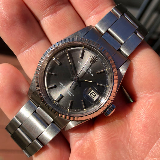 1970 Rolex Datejust 1603 Grey Dial Engine Turned Oyster Automatic Wristwatch