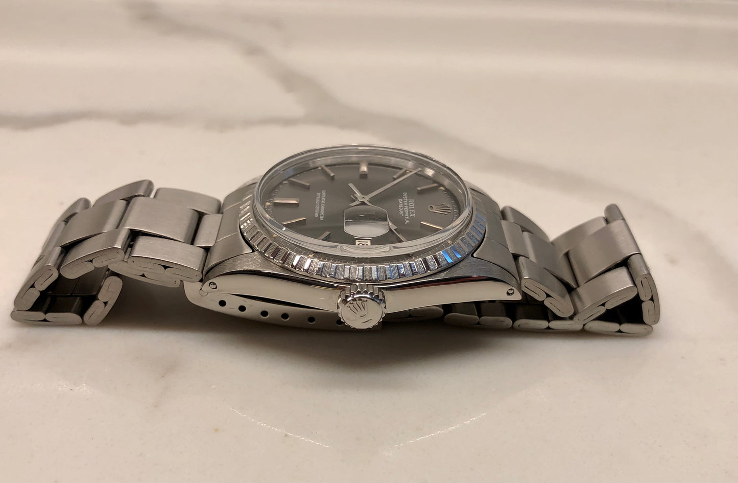 1970 Rolex Datejust 1603 Grey Dial Engine Turned Oyster Automatic Wristwatch