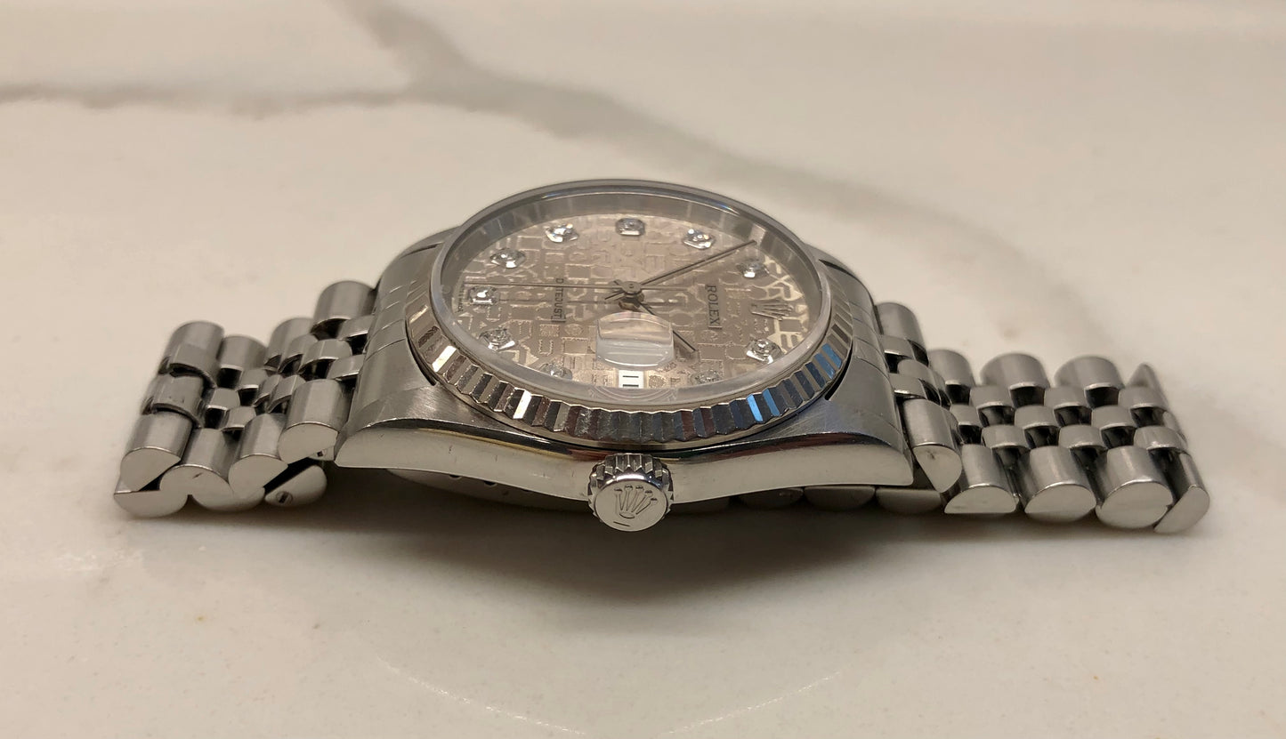1996 Rolex Datejust 16234 Jubilee Diamond Dial White Gold Bezel Automatic Wristwatch