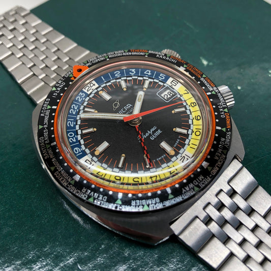 1960s Enicar Sherpa Guide 600 GMT World Time 166-35-04 43mm Vintage Automatic Wristwatch Old Stock - Hashtag Watch Company