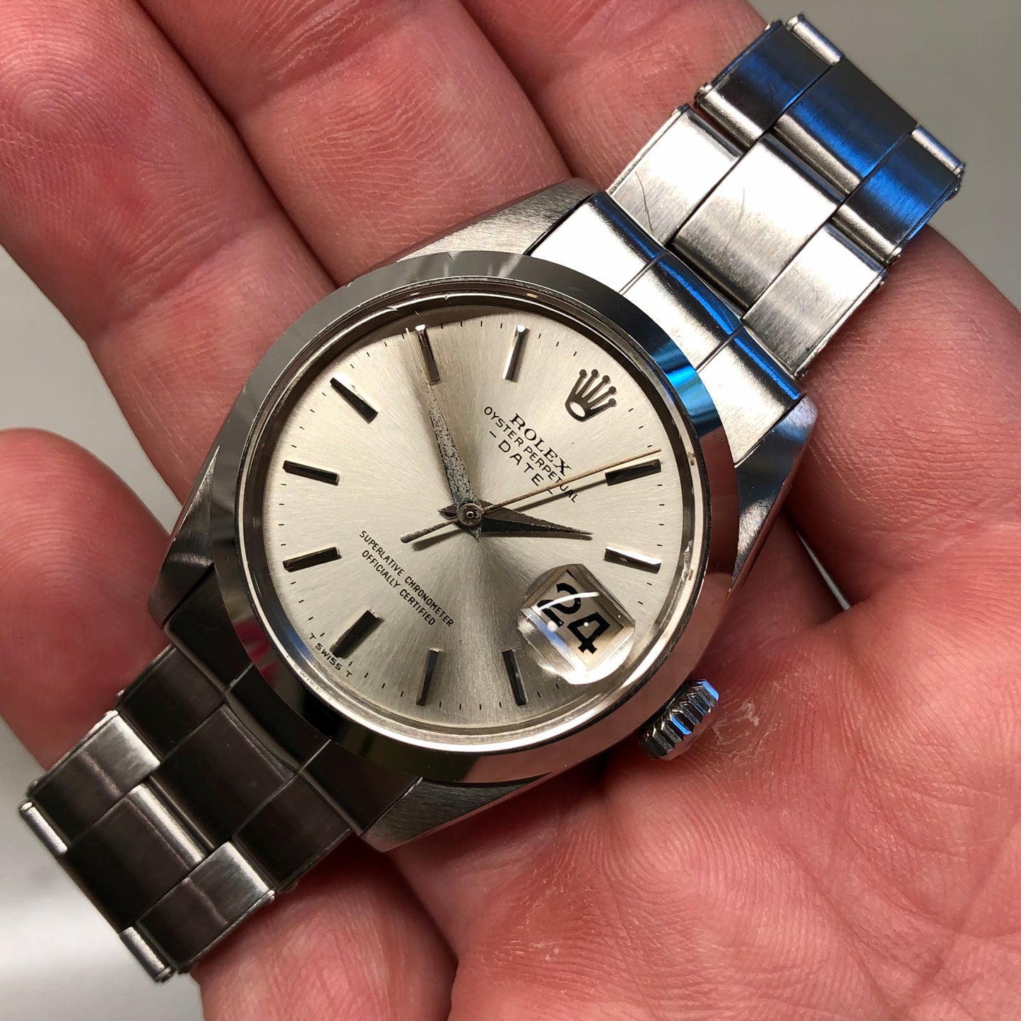 1965 Rolex Date 1500 Oyster Perpetual Silver Arrow Steel Automatic Wristwatch