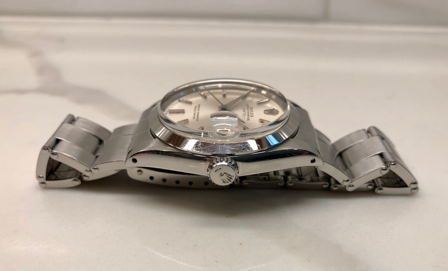 1965 Rolex Date 1500 Oyster Perpetual Silver Arrow Steel Automatic Wristwatch
