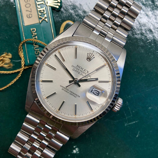 1984 Rolex Datejust 16014 Silver Dial Jubilee Fluted Bezel Steel Wristwatch with Tag