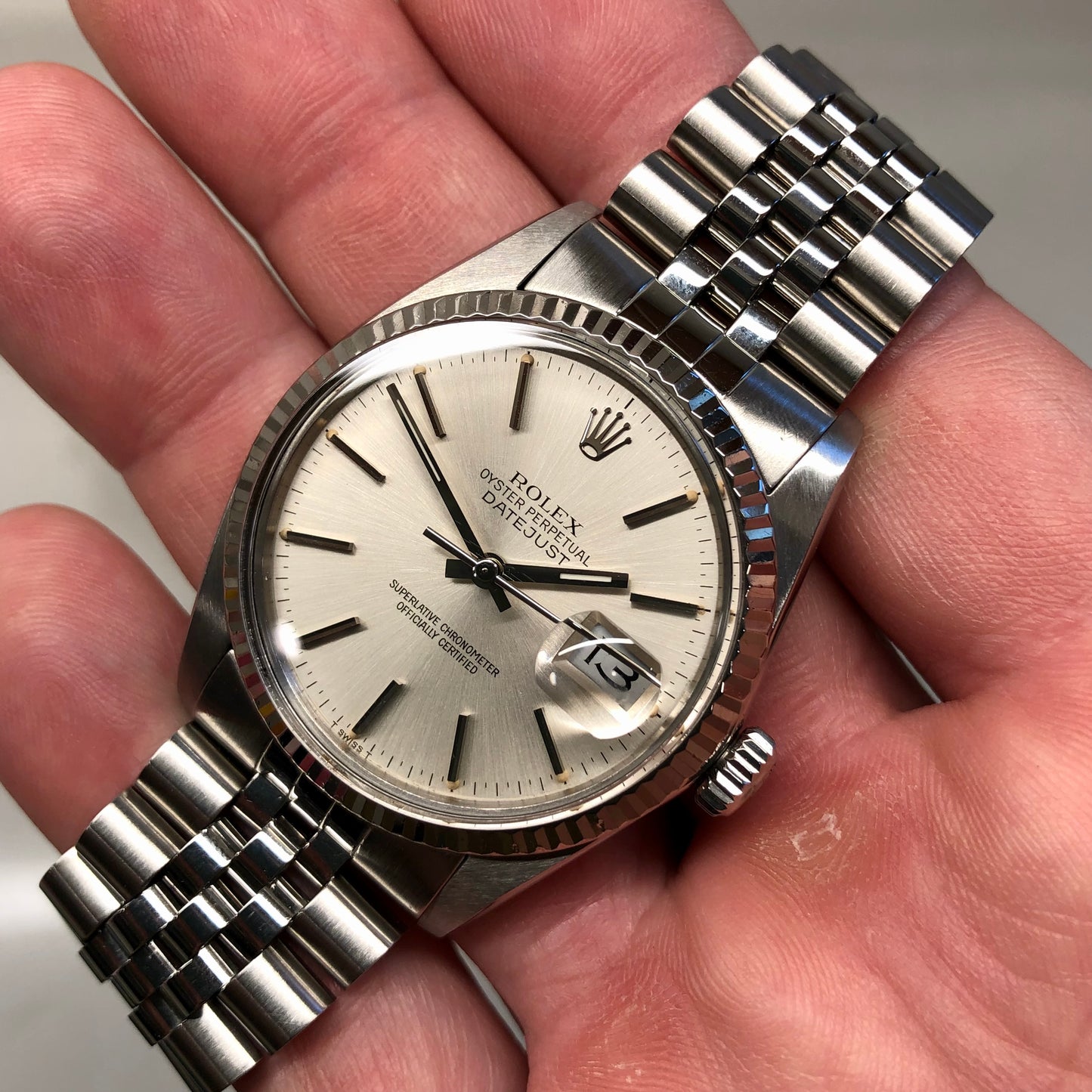 1984 Rolex Datejust 16014 Silver Dial Jubilee Fluted Bezel Steel Wristwatch with Tag