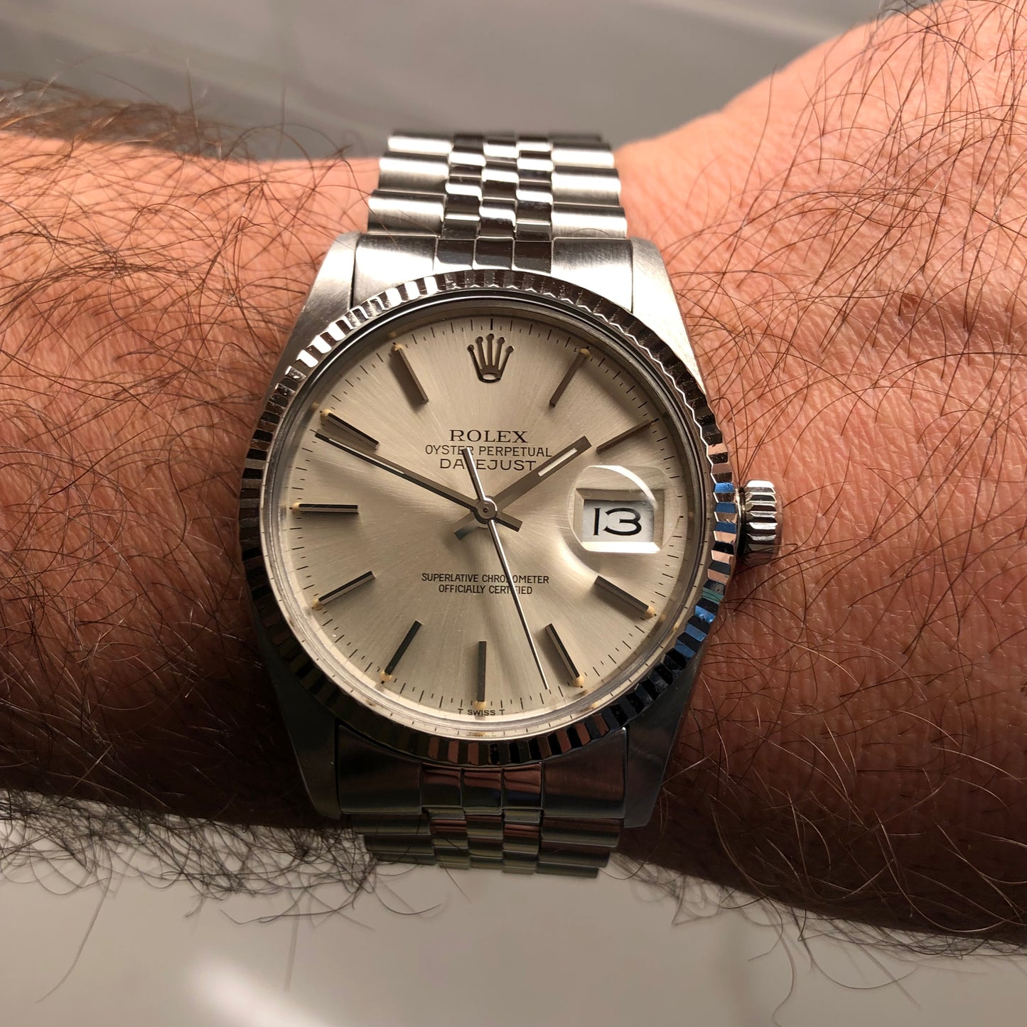 1984 Rolex Datejust 16014 Silver Dial Jubilee Fluted Bezel Steel Wristwatch with Tag