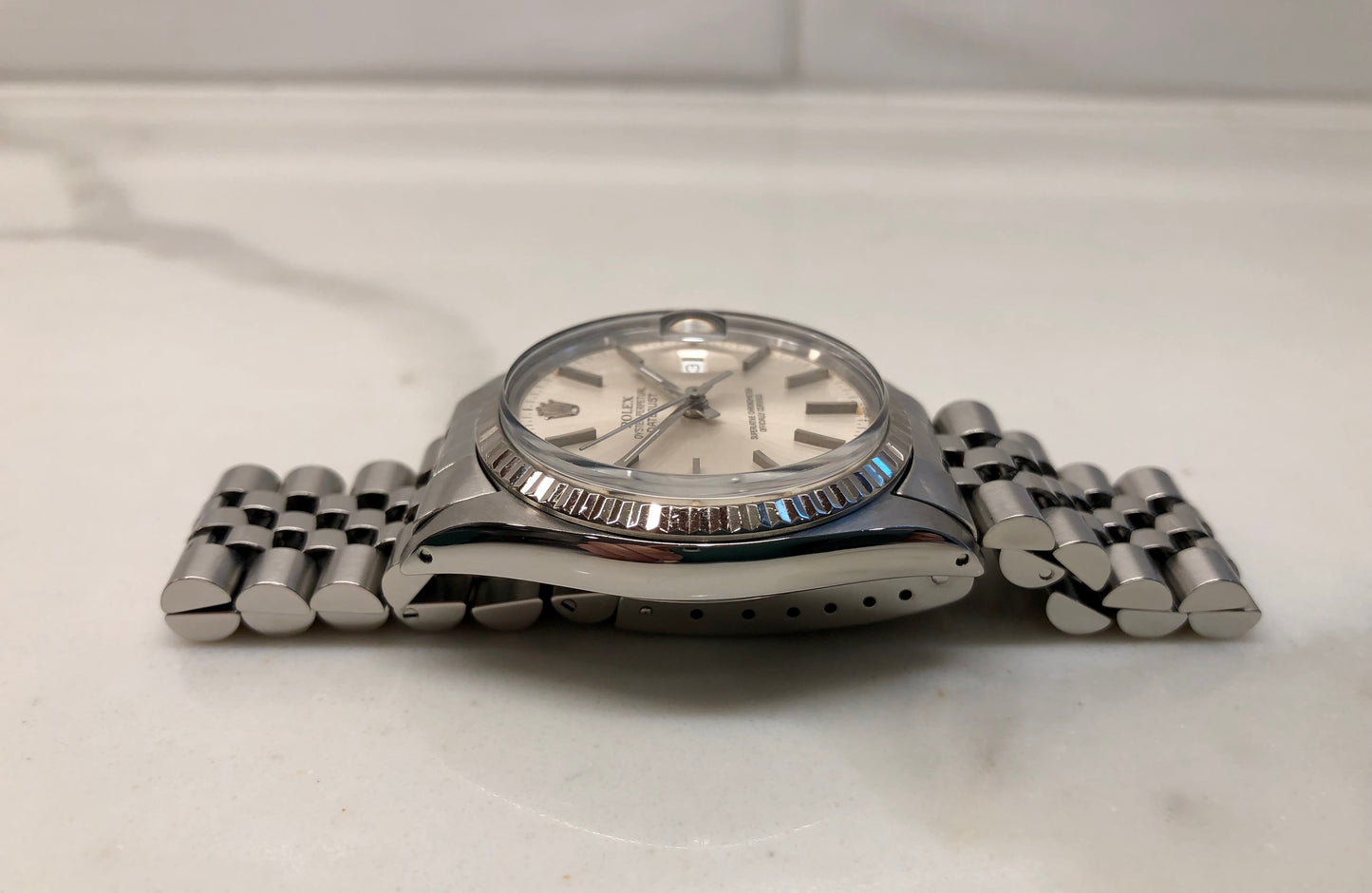 1984 Rolex Datejust 16014 Silver Dial Jubilee Fluted Bezel Steel Wristwatch with Tag
