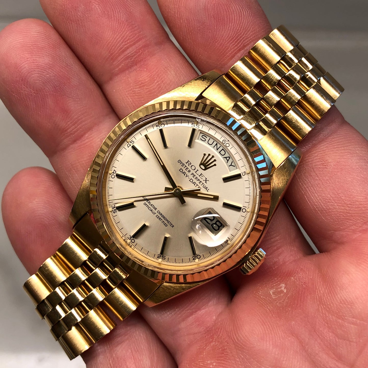 1976 Rolex President Day Date 1803 Silver Minute Track Dial Wristwatch with Papers