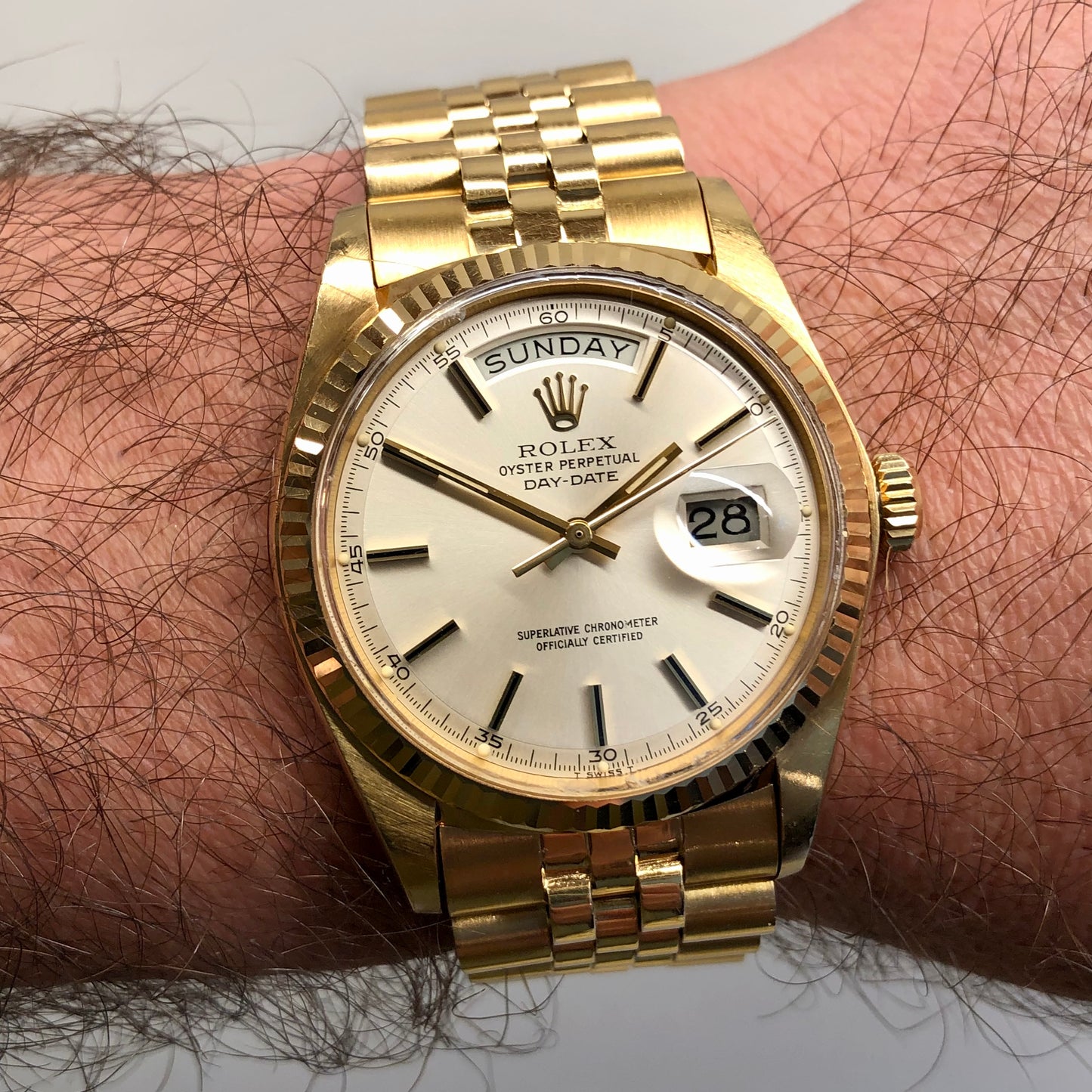 1976 Rolex President Day Date 1803 Silver Minute Track Dial Wristwatch with Papers