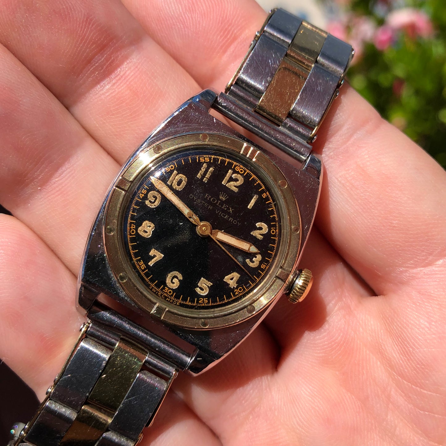 1946 Rolex Oyster Viceroy 3559 Black Gilt Two Tone Stretch Bracelet Wristwatch - Hashtag Watch Company