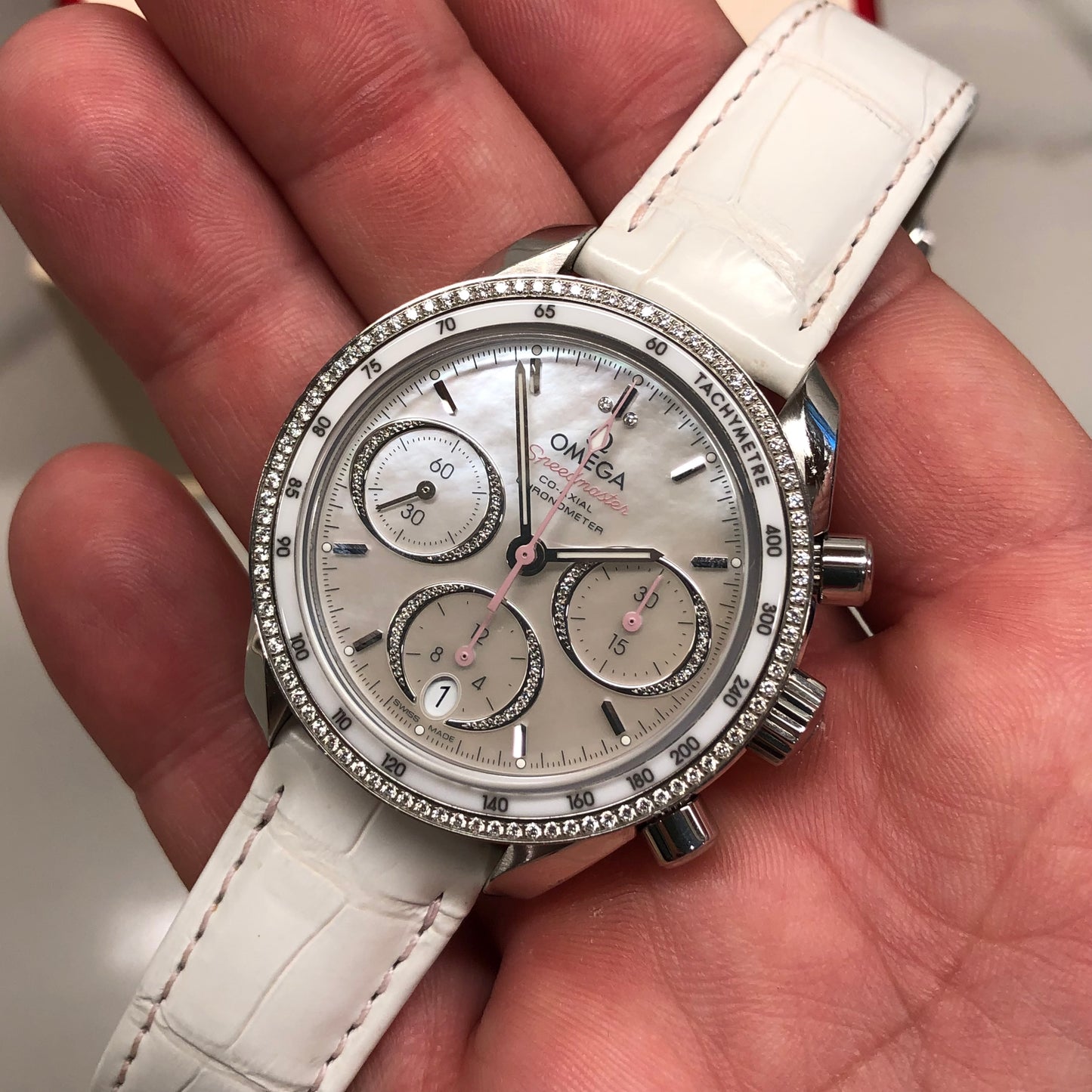 2022 Omega Speedmaster 38 Chronograph 324.38.38.50.55.001 Diamond MOP Dial and Bezel Automatic Wristwatch with Box