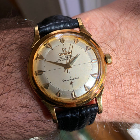 1954 Omega Constellation De Luxe 2852 2853 SC 18K Yellow Gold Chronometer Automatic Wristwatch - HASHTAGWATCHCO