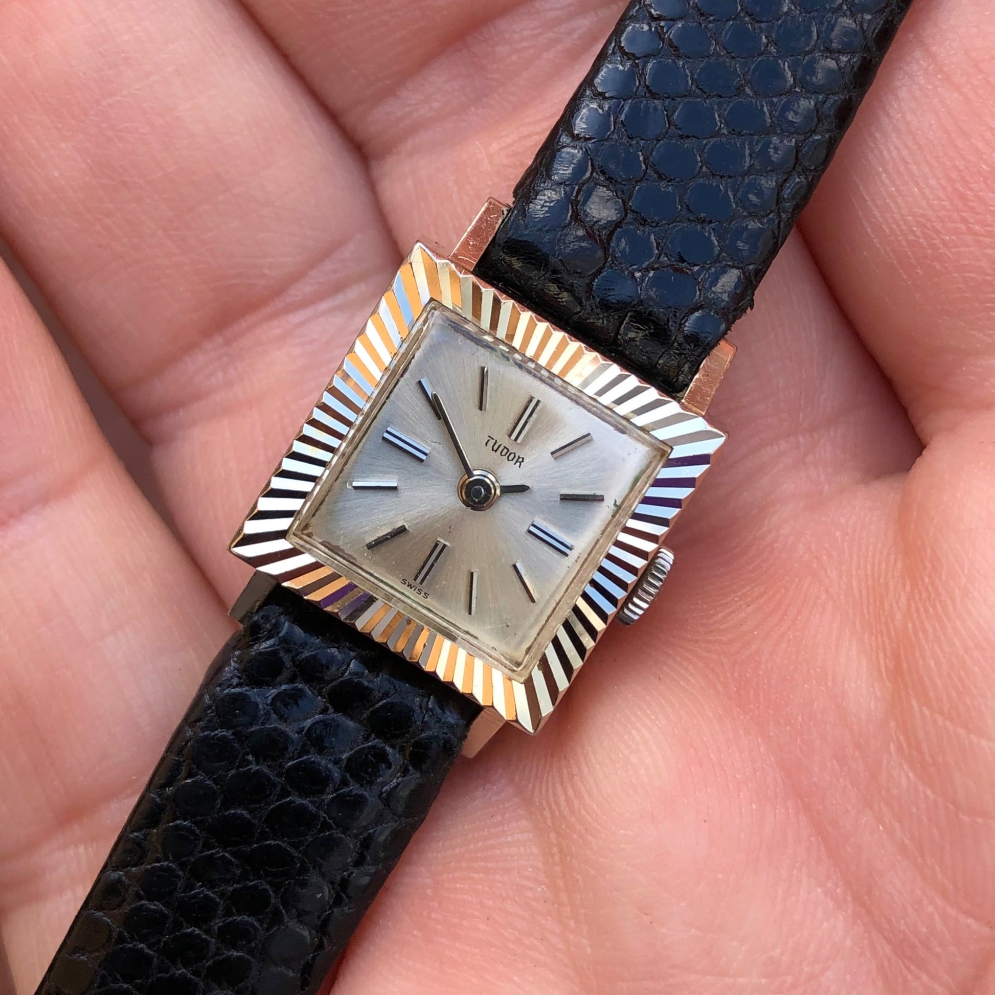 1966 Tudor 18K White Gold Ladies 1665 Square Fluted Bezel Leather Strap Wristwatch - HASHTAGWATCHCO