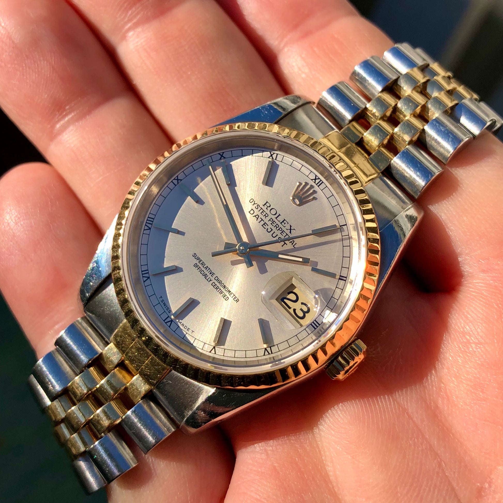 1990 Rolex Datejust 16233 Silver Stainless Steel Gold Two Tone Jubilee Wristwatch - HASHTAGWATCHCO