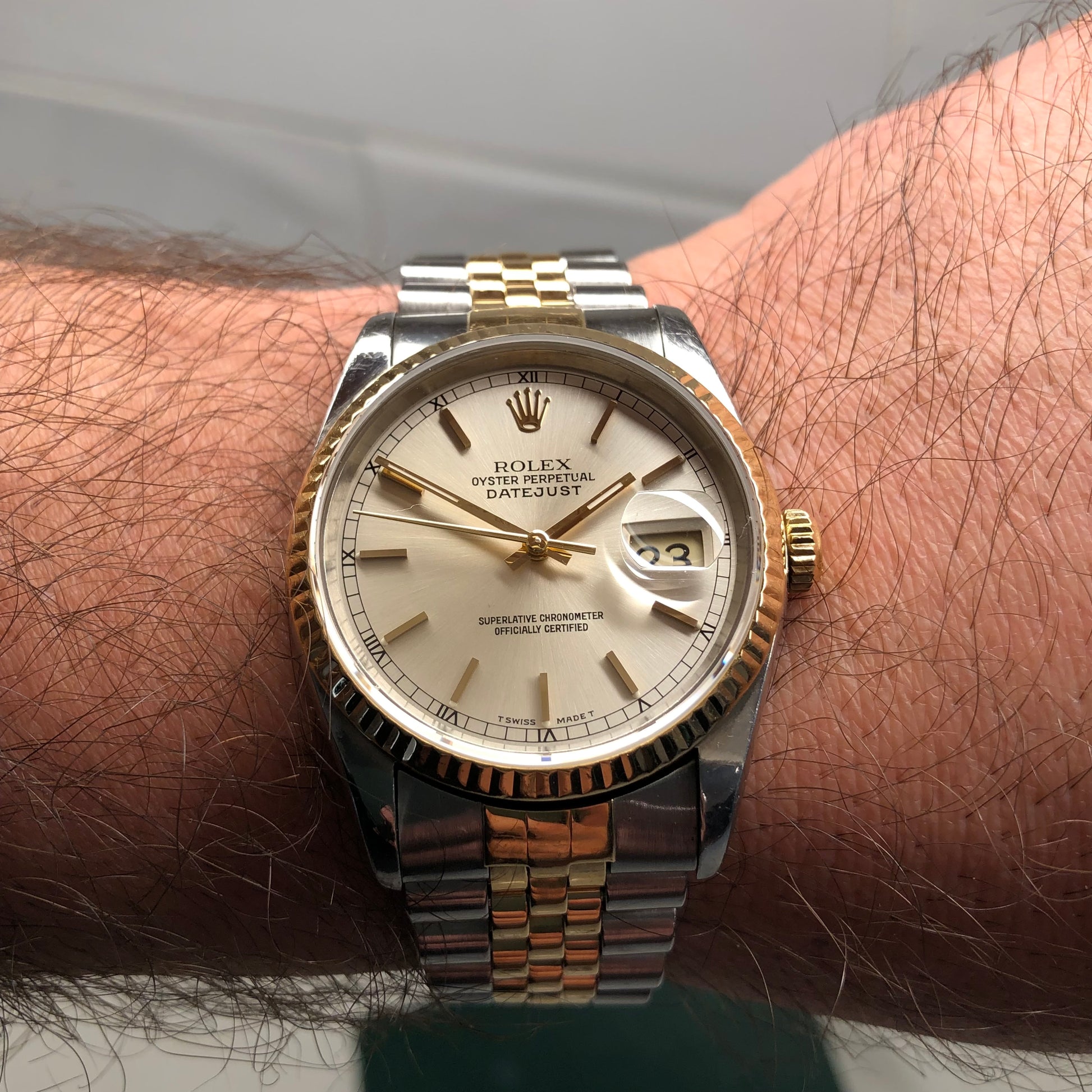 1990 Rolex Datejust 16233 Silver Stainless Steel Gold Two Tone Jubilee Wristwatch - HASHTAGWATCHCO