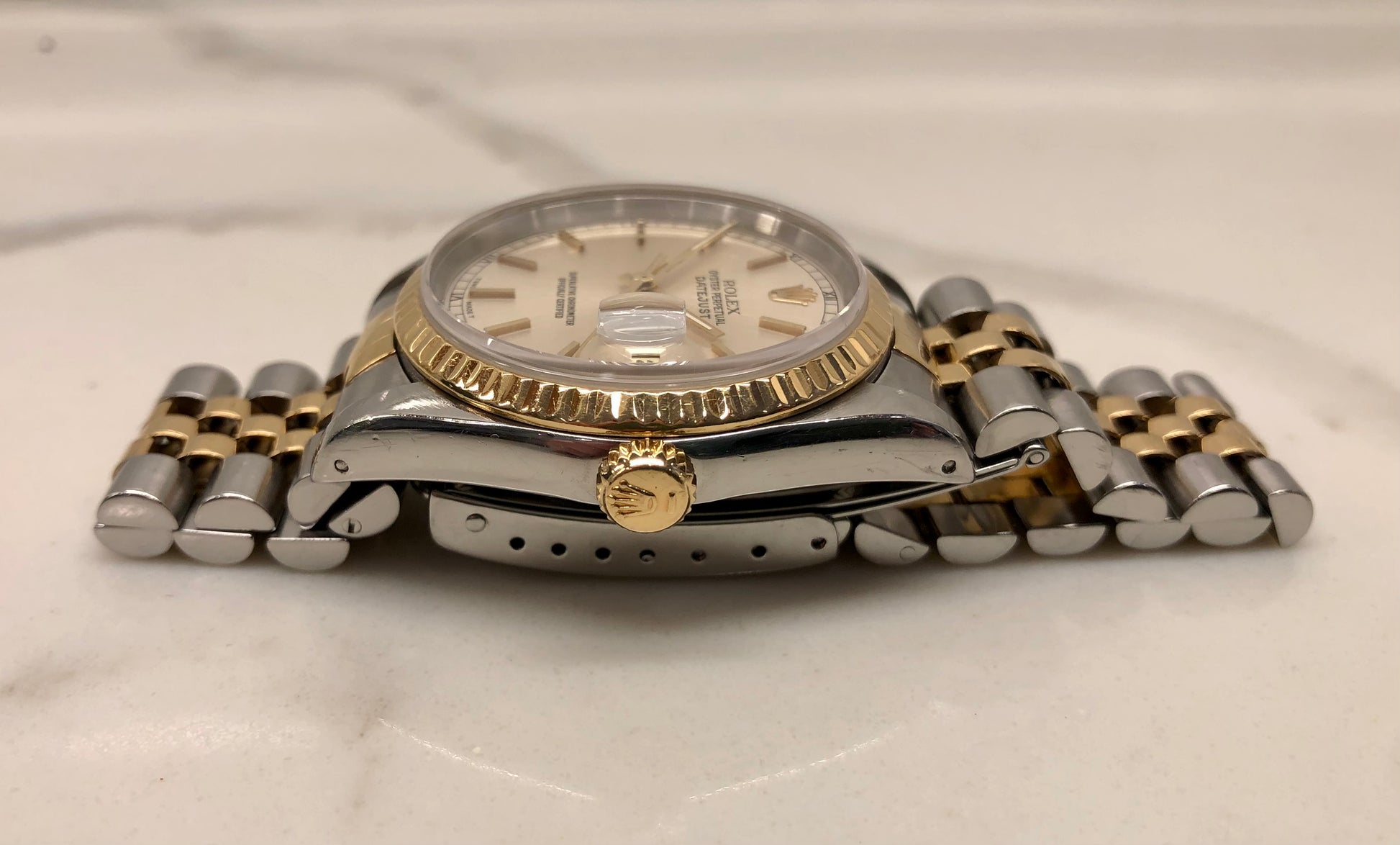 1990 Rolex Datejust 16233 Silver Stainless Steel Gold Two Tone Jubilee Wristwatch - HASHTAGWATCHCO