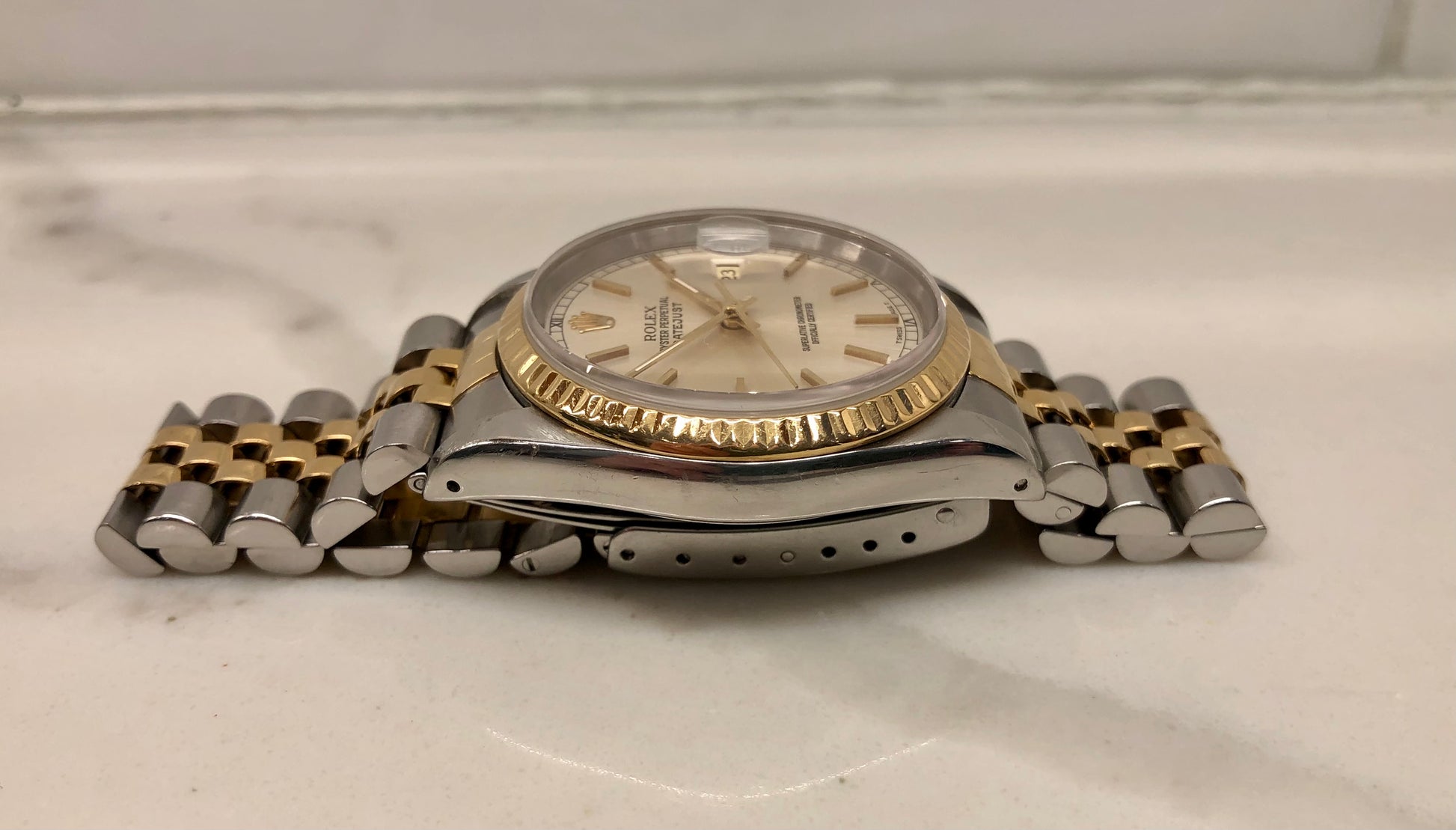 1990 Rolex Datejust 16233 Silver Stainless Steel Gold Two Tone Jubilee Wristwatch - HASHTAGWATCHCO