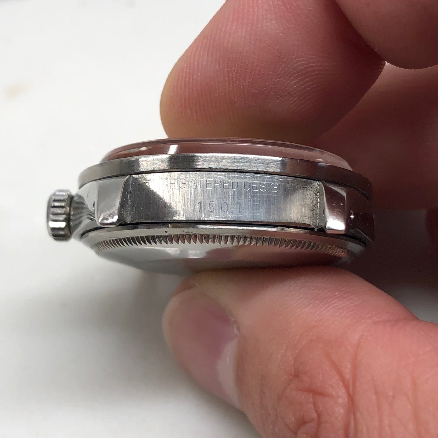 1975 Rolex Date 1501 Steel Engine Turned Oyster Silver Mosaic Dial Wristwatch