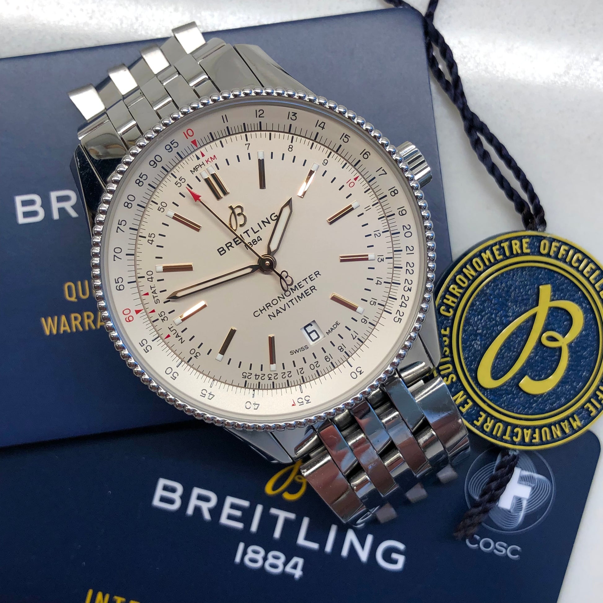 Breitling Navitimer A17326 Automatic 41 Stainless Steel Silver Wristwatch with Box and Papers - HASHTAGWATCHCO