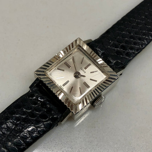 1966 Tudor 18K White Gold Ladies 1665 Square Fluted Bezel Leather Strap Wristwatch - HASHTAGWATCHCO