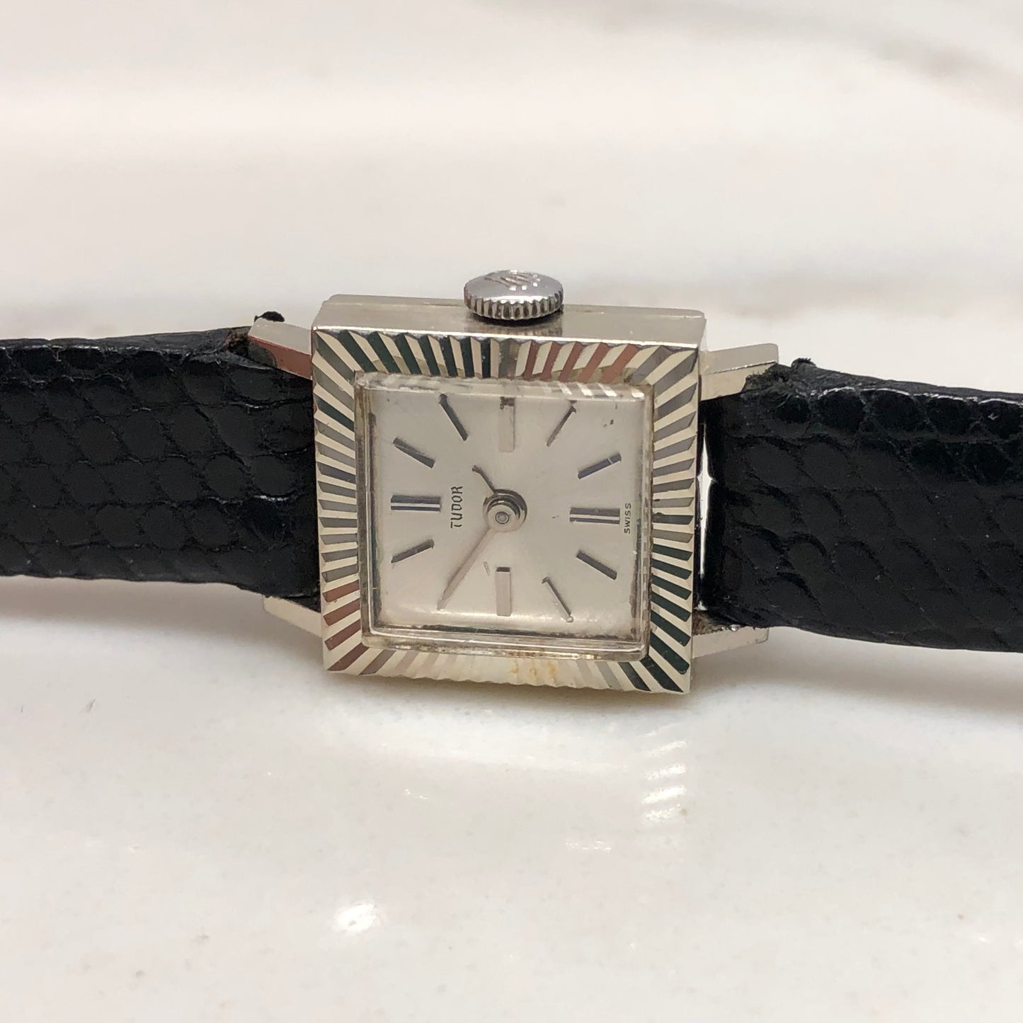 1966 Tudor 18K White Gold Ladies 1665 Square Fluted Bezel Leather Strap Wristwatch - HASHTAGWATCHCO